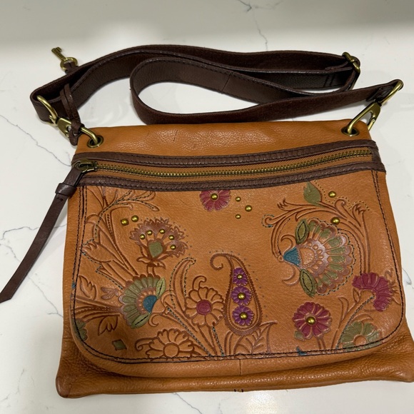 Floral Embossed Fossil Tan Leather Crossbody Bag - Picture 1 of 12